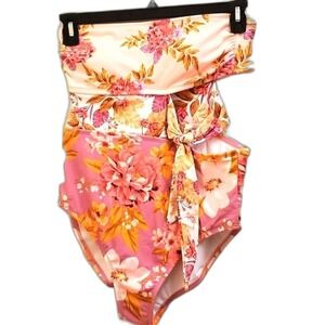 Floral Print Strapless One Piece Swimsuit Women's Size M Cutout Tie Waist